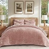 EVERGRACE Velvet Quilt Set King Size, Luxurious Soft Striped Channel Bedding Set, Lightweight Velvet Comforter for All Season, Oversized Bedspread Coverlet with 2 Matching Shams, Pink Clay