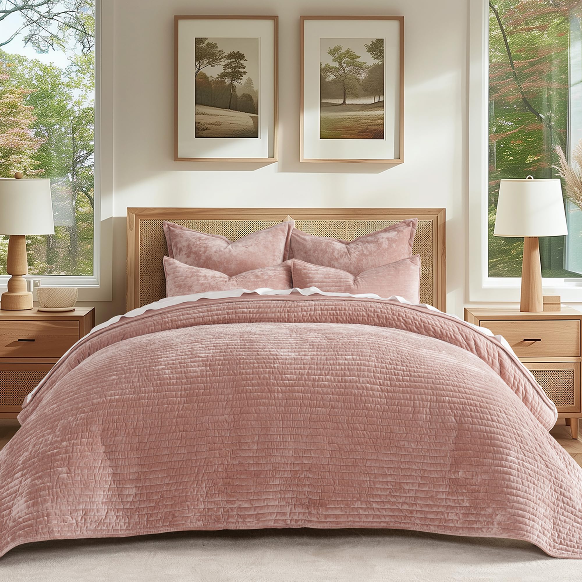 Photo 1 of EVERGRACE Velvet Quilt Set King Size, Luxurious Soft Striped Channel Bedding Set, Lightweight Velvet Comforter for All Season, Oversized Bedspread Coverlet with 2 Matching Shams, Pink Clay