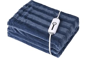 YAKEE Heated Electric Blanket Full Size, 72" x 84" Faux Fur Soft Cozy Large Heating Blanket with 4 Heating Levels & 10 Hours Auto Off, Home Office Use, Machine Washable, Blue