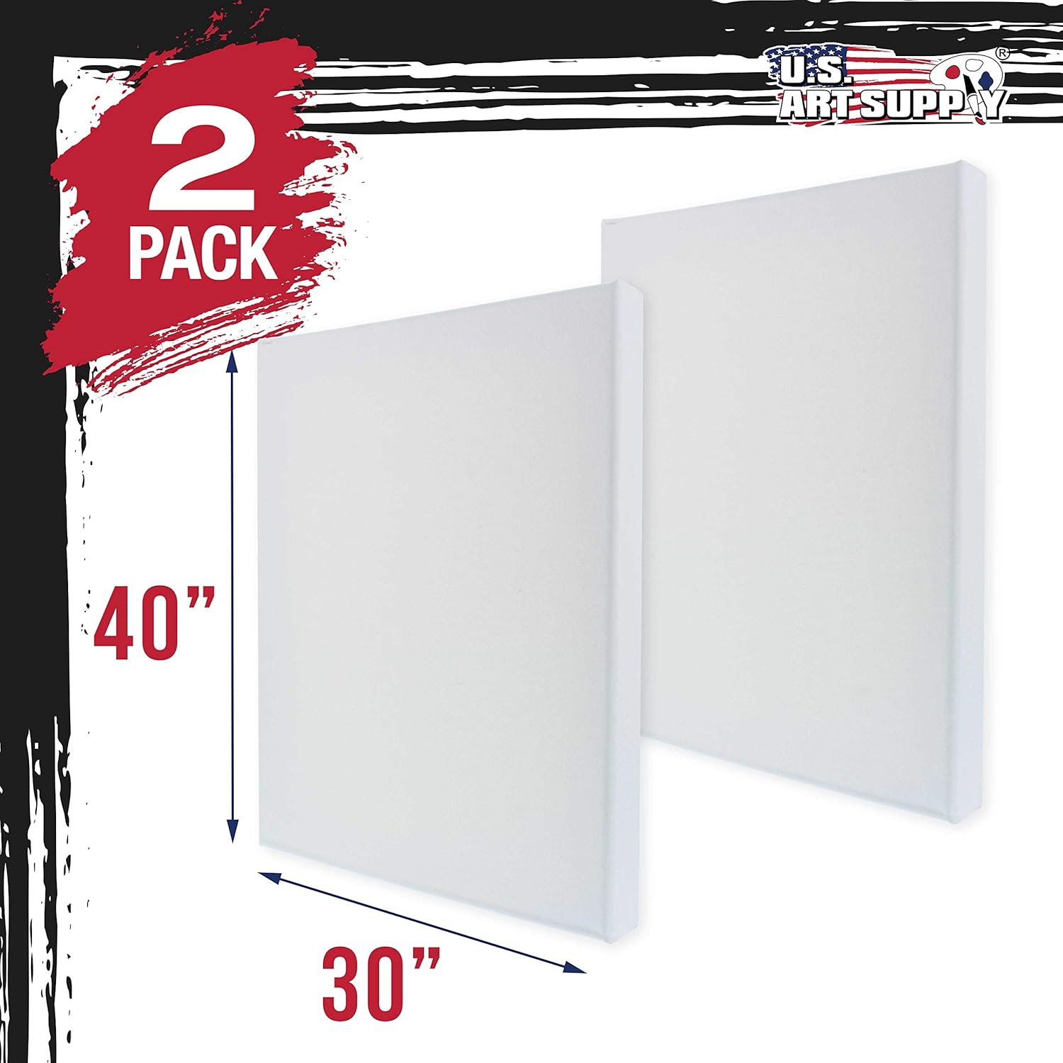 U.S. Art Supply 30" x 40" Gallery Depth 1-1/2" Profile Stretched Canvas 2-Pack - Acrylic Gesso Triple Primed 12-Ounce 100% Cotton Acid-Free Back Stapled Pouring Art