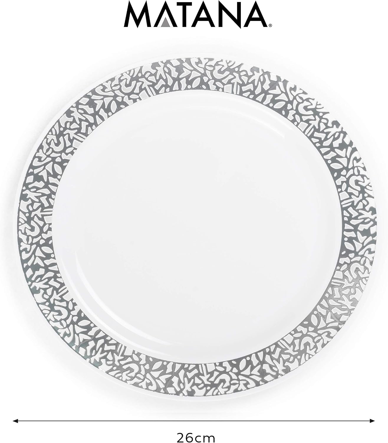 MATANA 20 Premium White Plastic Dinner Plates with Silver Lace Rim, 26cm / 10 Inch - Image 4