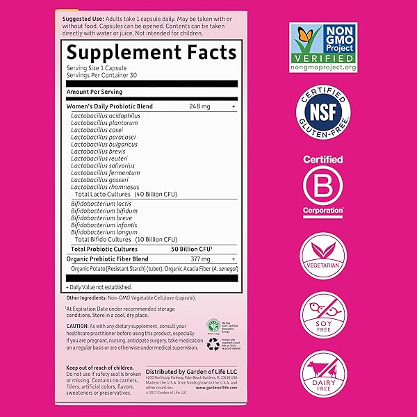 GARDEN OF LIFE ONCE DAILY DR. FORMULATED PROBIOTICS FOR WOMEN 50 BILLION CFU 16 PROBIOTIC STRAINS WITH ORGANIC PREBIOTICS FOR DIGESTIVE, VAGINAL & IMMUNE HEALTH, DAIRY FREE, SHELF STABLE 30 CAPSULES