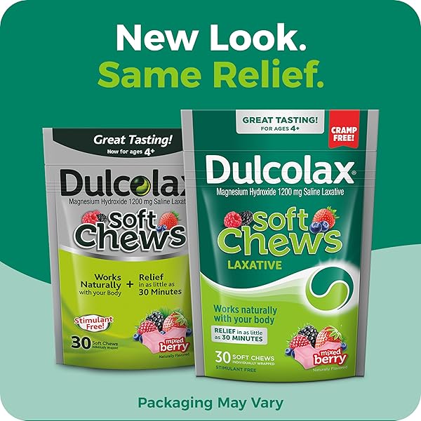 DULCOLAX SALINE LAXATIVE SOFT CHEWS, FAST-ACTING LAXATIVE, GENTLE CONSTIPATION RELIEF, MIXED BERRY FLAVOR, MAGNESIUM HYDROXIDE 1200 MG, 30 COUNT, OCCASIONAL CONSTIPATION.