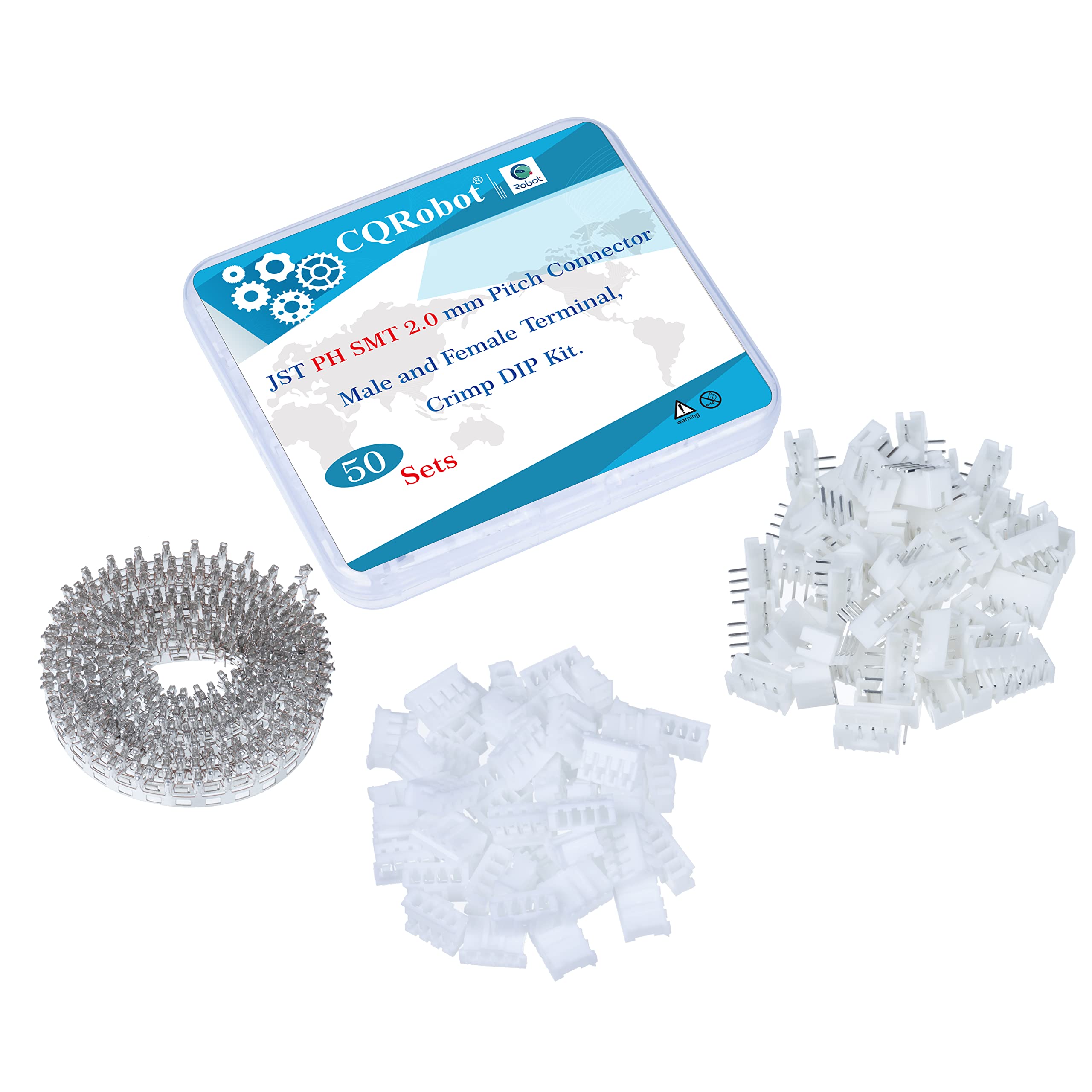 CQRobot JST PH SMD 2.0 mm Pitch 4-Pin Electronic Computer Connector IC Male Plugs, Female Sockets Housing and T-Shaped Crimp Terminal Kit.. 50 Sets/300 Pieces Wire-to-Board Adapter Cable Assembly.