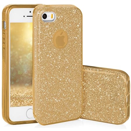 QULT Handyhülle kompatibel mit iPhone 5S iPhone SE iPhone 5 Hülle Glitzer Gold glänzend Silikon Tasche TPU Case Bumper mit Gl