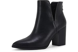 SERAIH Womens Pointed Toe Ankle Booties Stacked Mid Block Heel Cutout Back Zipper Shoes Faux Leather Boots