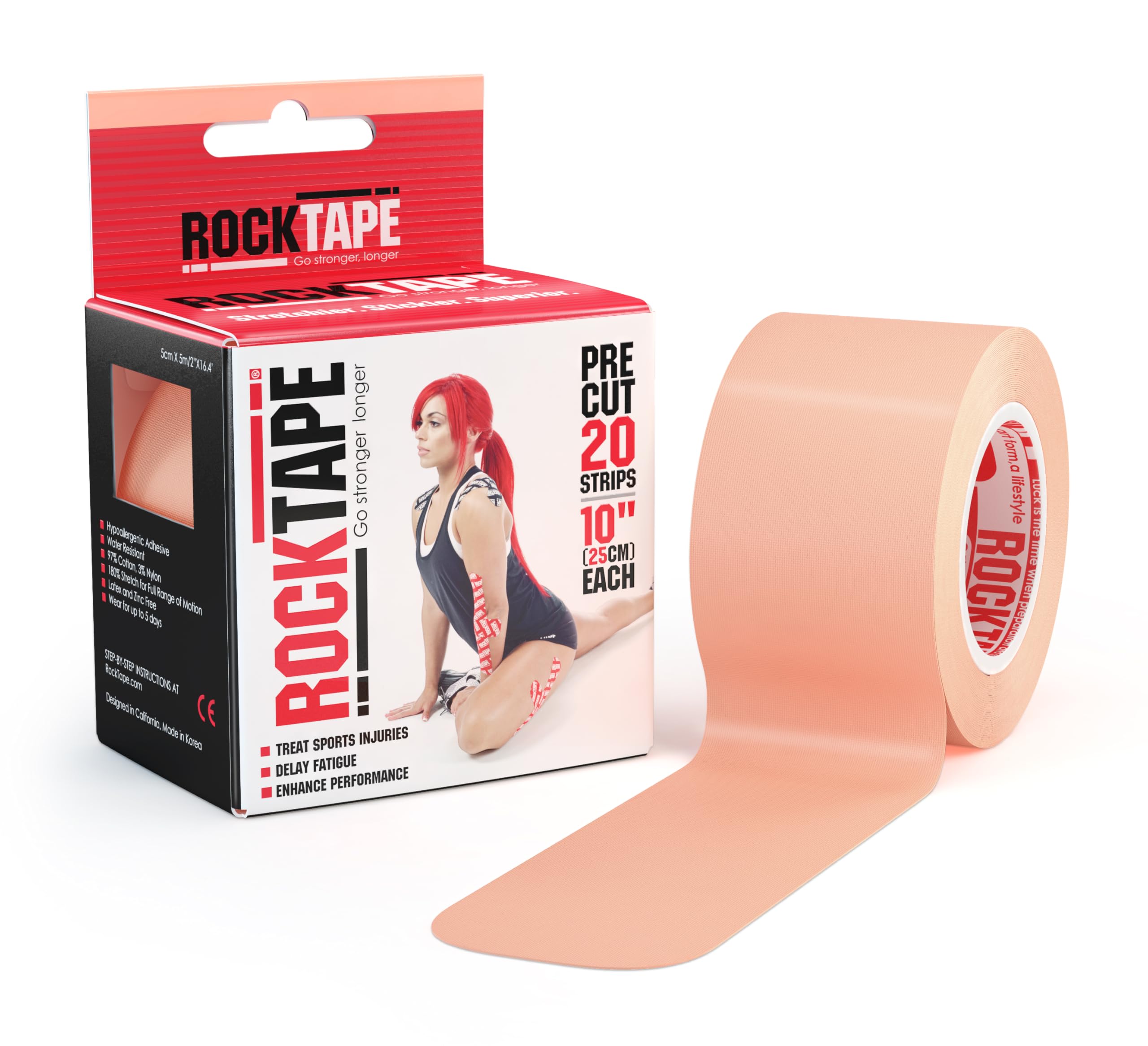 RockTape Kinesiology Tape, Pre-cut Strips, for ATHLETES, Water Resistant, Reduce Pain & Injury Recovery, 5cm x 5M, Beige