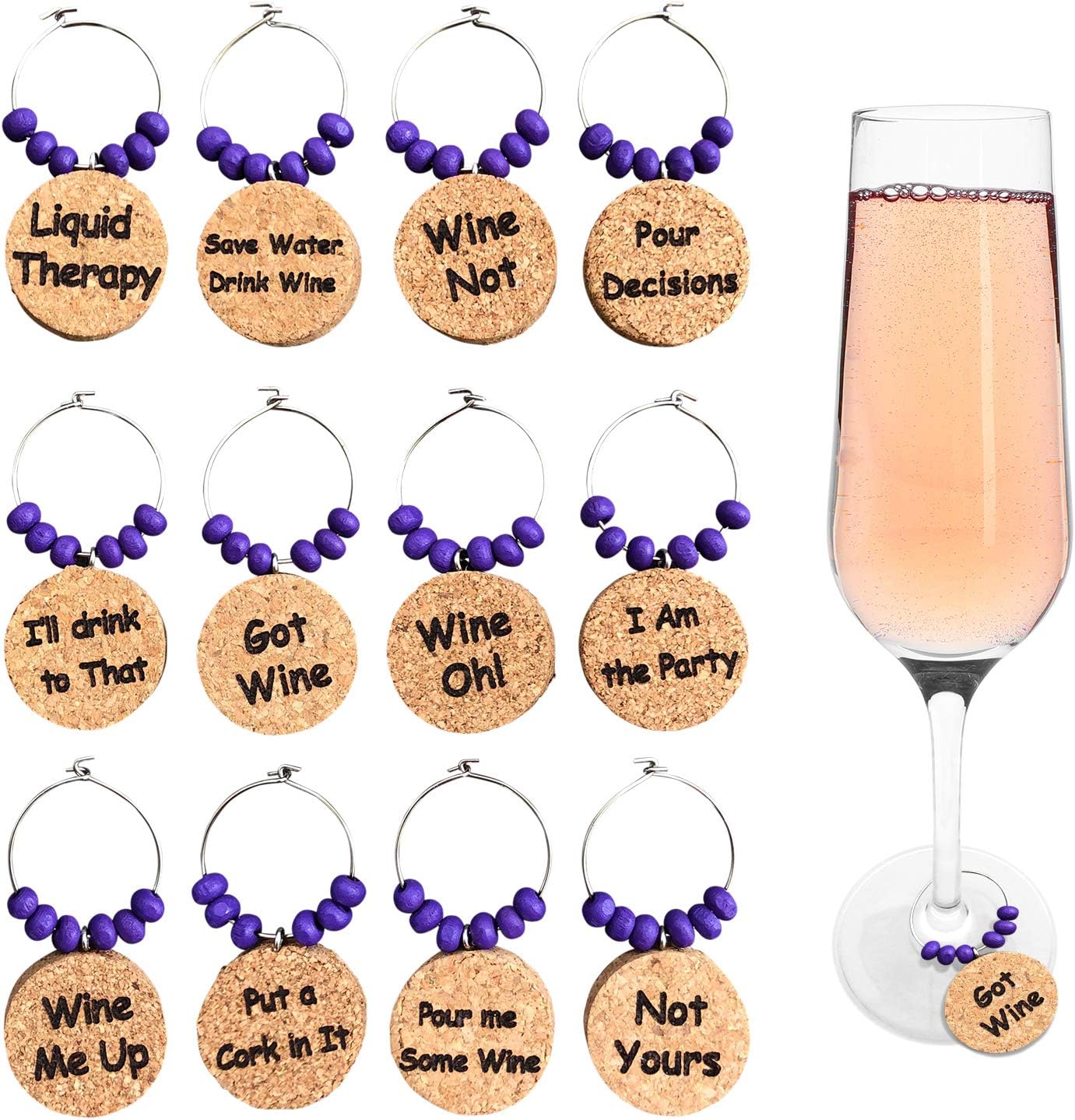 Amazon Com Natural Cork Wine Charms Wine Glass Markers With Humorous Phrases Witty Wine Charms Set Of 12 Drink Charms Made Of Cork With Wood Beads By Cork Leaf Bar Tools