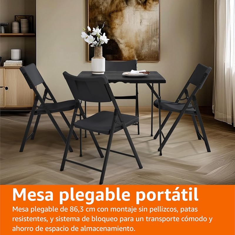 Mesa de comedor plegable cuadrada con asa de transporte, para interiores y exteriores, portátil, ligera, viaje, picnic, camping, negro, 86.1 x 86.1 x 74 cm — foto 6 de 6