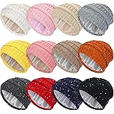 Handepo 12 Pieces Winter Knitted Satin Lined Beanie Hats for Women Satin Lined Cable Thick Chunky Cap Slouchy Cable Beanie Warm Hat (Assorted Color)