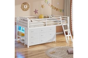 BTHFST Twin Loft Bed for Kids, Low Loft Bed Twin Size with 9 Storage Dresser, LED Lights, 2 Storage Shelves & Stairs, Metal White Bed with Safety Guardrail for Young Teens, Space Saving, White