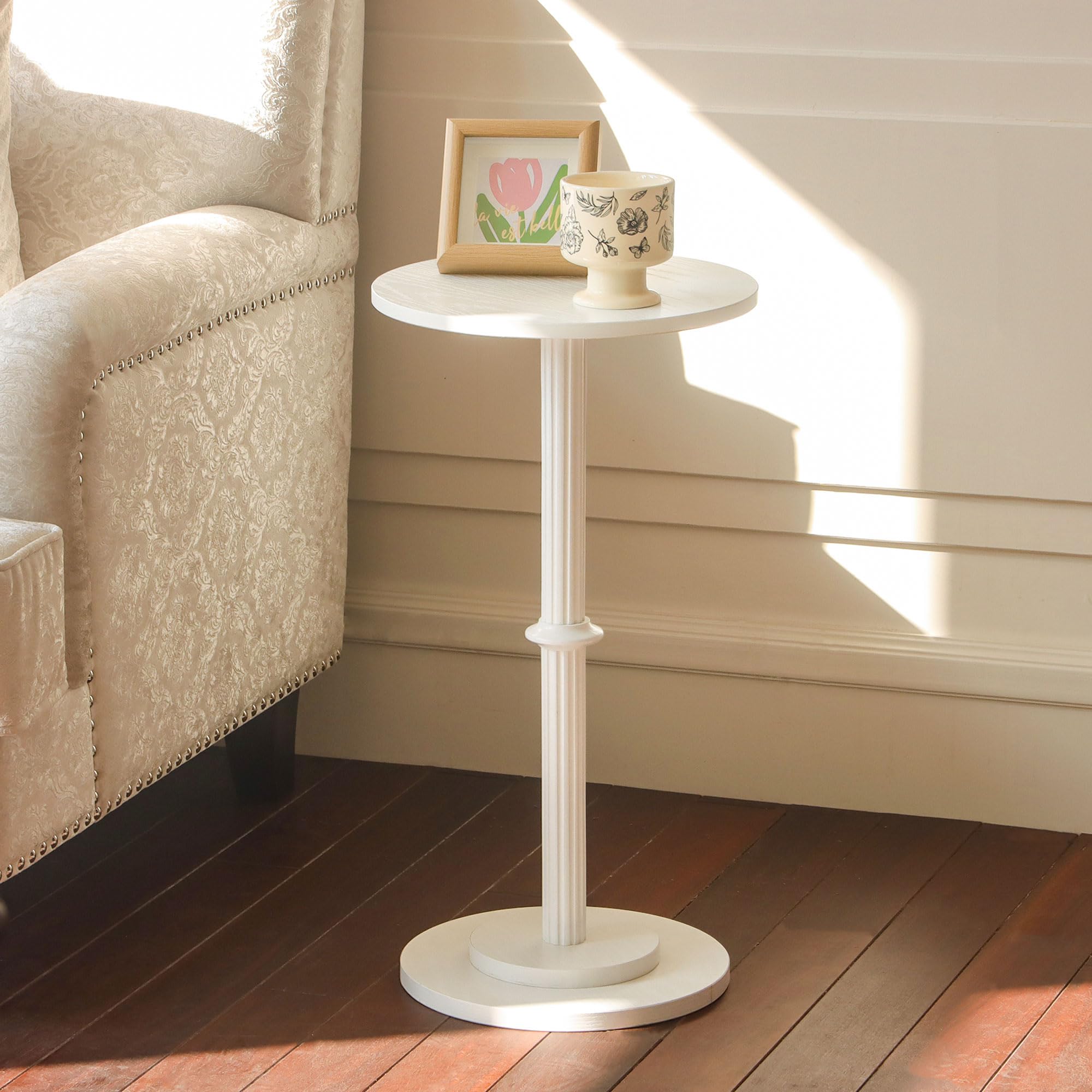 Photo 1 of MaxSmeo Drink Table, Small Side Table for Small Spaces, Modern Round End Table with Fluted Wood Leg, White