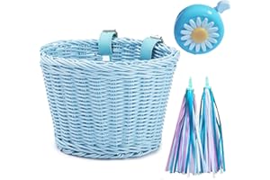 SRUTIRBO Bike Basket Kid Bicycle Basket Bike Accessories, 1pc Bicycle Bell with Stickers, 1pc Kid Bicycle Front Basket and 1pairs Colorful Ribbons Tassels Decoration for Girl Boy