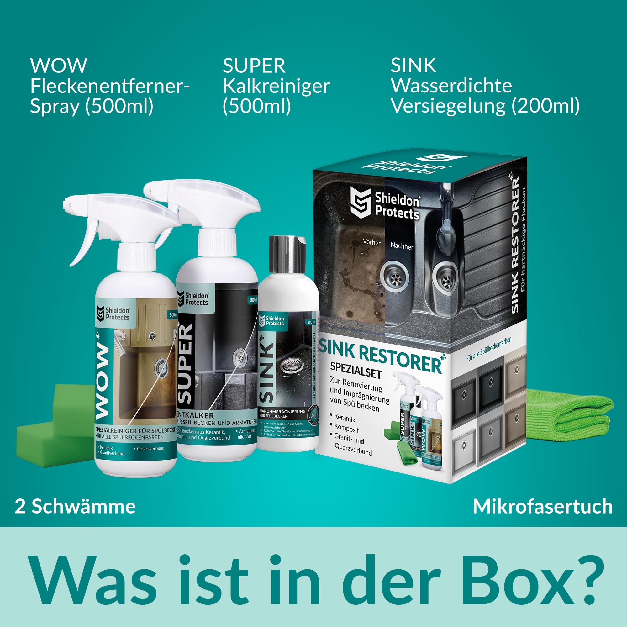 Shieldon Protects Sink Restorer Spüle Imprägnierung und Reinigung Set - Drei Reiniger für Küche Spüle + 2x Schwamm und Mikrofasertuch - Granit, Blanco, Silgranit Reiniger für Granitspüle 4