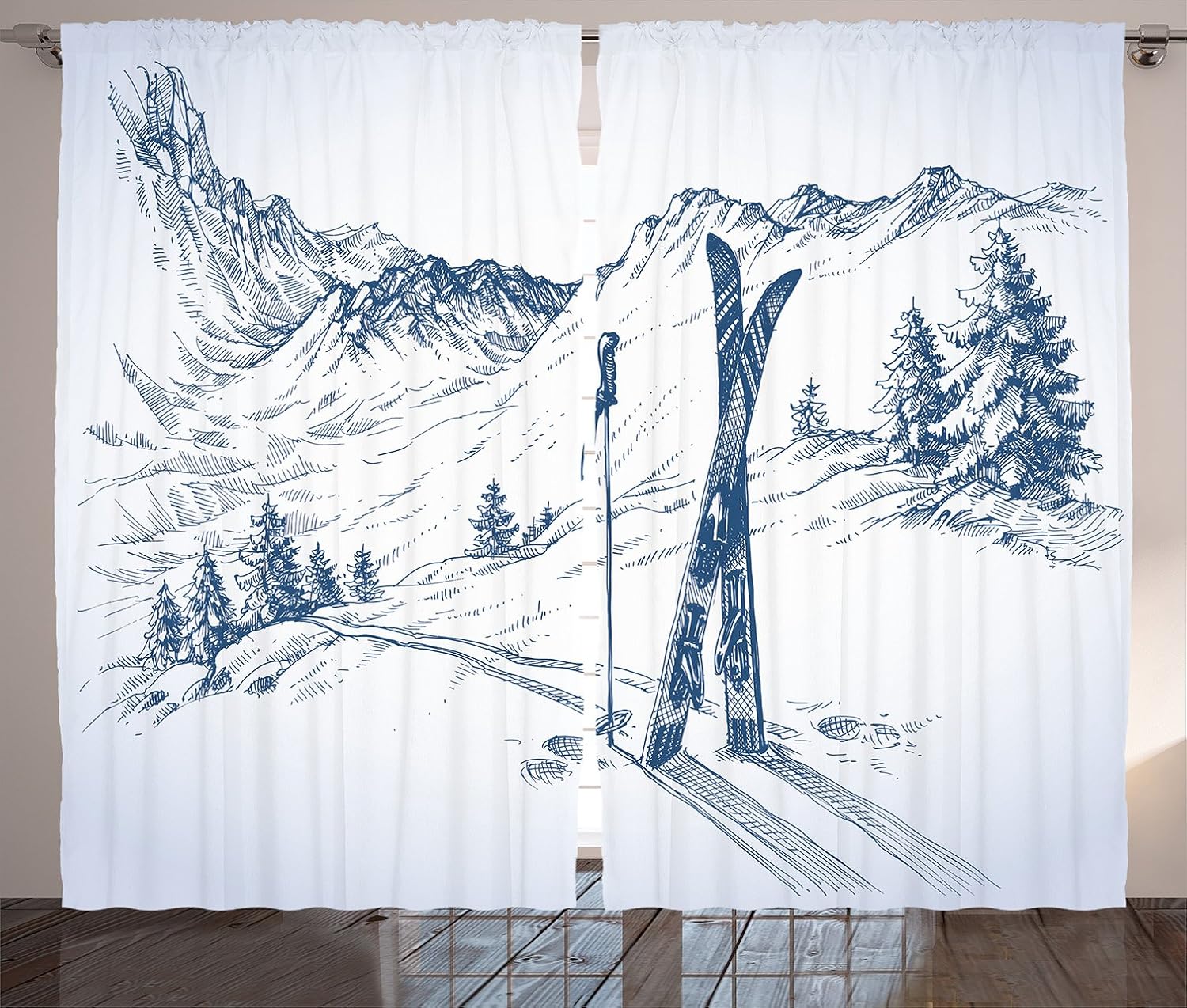 Ambesonne Winter Curtains, Sketchy Graphic of a Downhill with Ski Elements in Snow Relax Calm View, Living Room Bedroom Window Drapes 2 Panel Set, 108