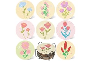 DOTSOPS Flowers Diamond Art Coaster Set with Holder – DIY Art Kits for Beginners, Adults, and Kids​ Birthday Craft Supplies Party Decor Gift Set of 8