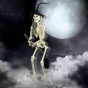 Life-Size Hanging Skeleton with Witch Hat and Broomstick Halloween Prop