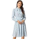Allegra K Women's Tie Neck Dresses Chiffon Long Sleeve Belted Vintage Floral Dress