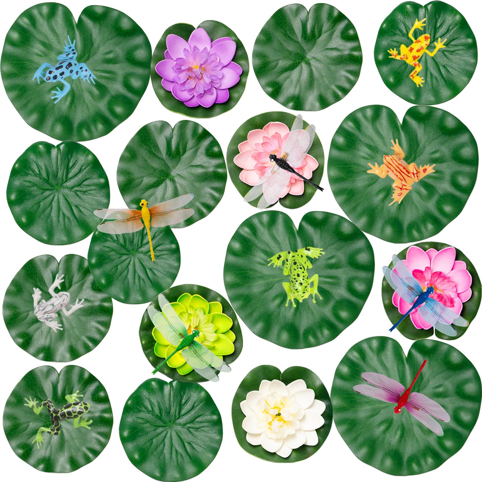 Sxutop 28 Pcs Artificial Pond Plants Set Floating Lotus Foam Flowers Faux Lily Pads Plastic Water Lillies for Ponds with Artificial Dragonfly Frog Lotus Leaves for Fountain Pool Aquarium Pond Decor