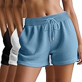 Huukeay 3 Pack Women's Waffle Knit Shorts Drawstring Casual Lounge Pajama Bottoms Comfy Summer Shorts with Pockets