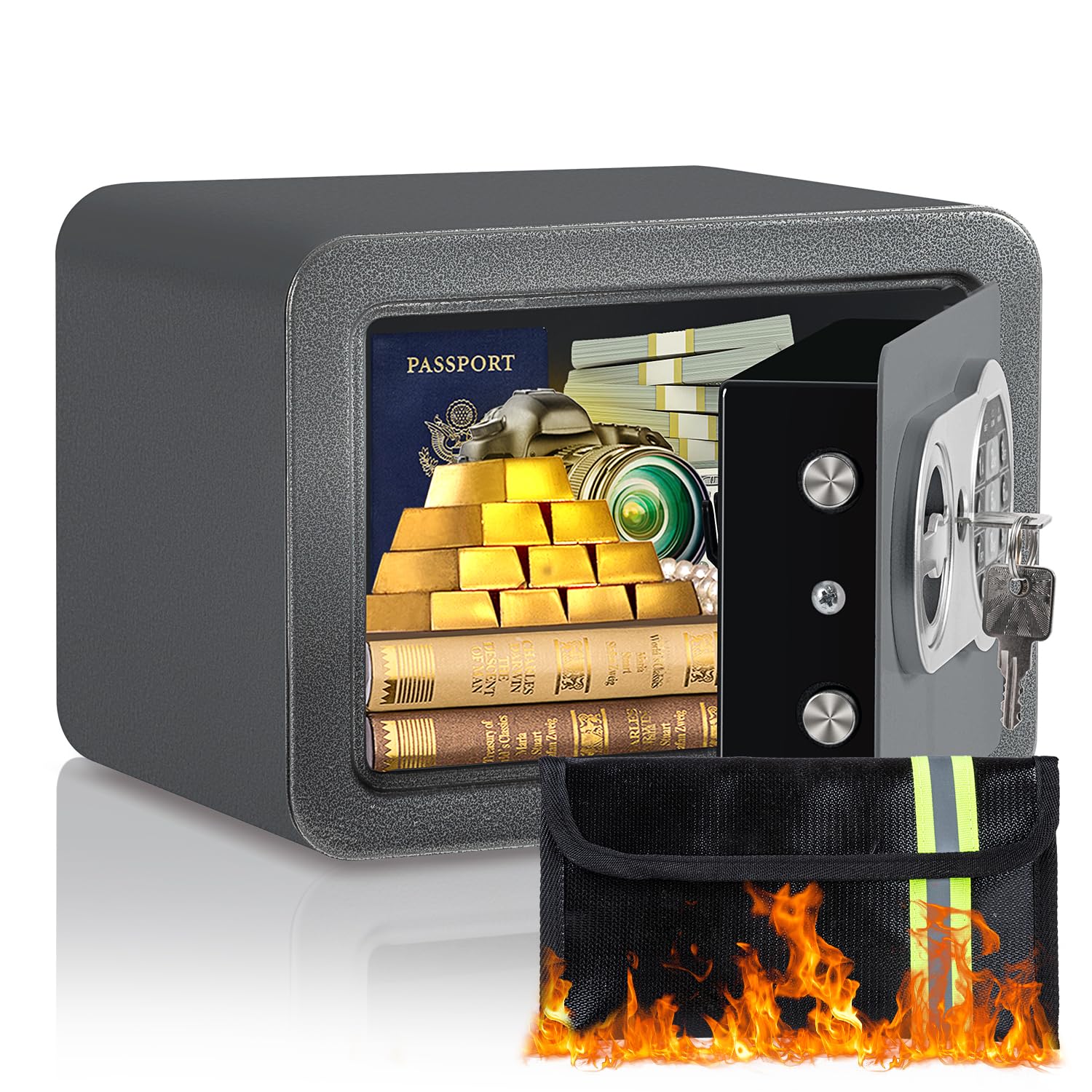 Photo 1 of 0.23 Cubic Feet Safe Box, Small Safe W/Fireproof Bag, Keys & Pass Code, Digital Electronic Security Money Box for Cash, Document, Home, Office, Hotel Use, Grey, 6.69"D x 9.06"W x 6.69"H