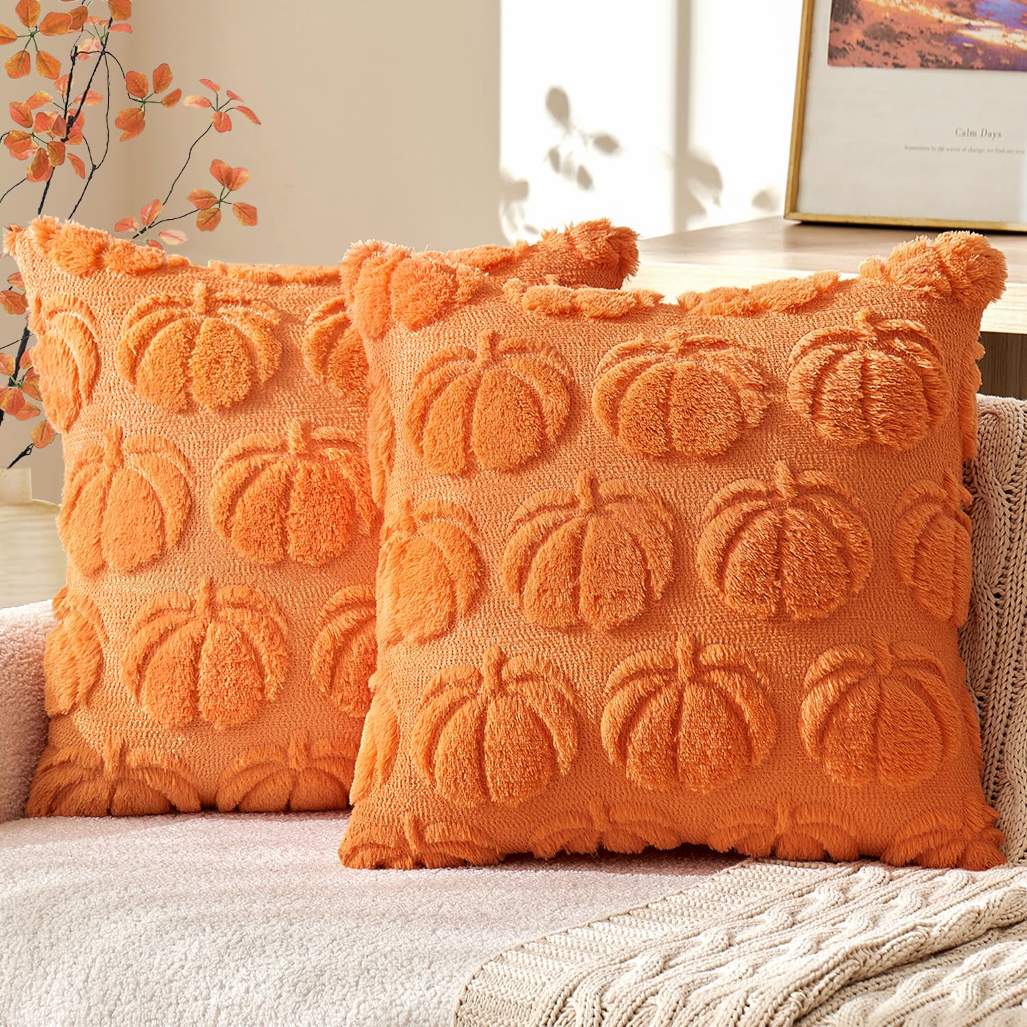 Photo 1 of MIULEE Fall Throw Pillow Covers 18x18 Set of 2 Autumn Decorations Orange Pumpkin Accent Pillowcase for Outdoor Porch Sofa Couch Bed Living Room Plush Faux Fur Halloween Farmhouse Home Decor