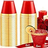 Ciaell 200PCS Red Plastic Cups - 9 Oz Gold Plastic Cups - Heavy Duty Gold Rimmed Disposable Cup - Disposable Wine Glasses with Gold Rim for Party & Wedding & Valentine's Day