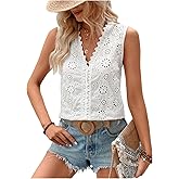 SweatyRocks Women's Boho Lace Blouses Eyelet Embroidery Summer Vacation Sleeveless V Neck Tops