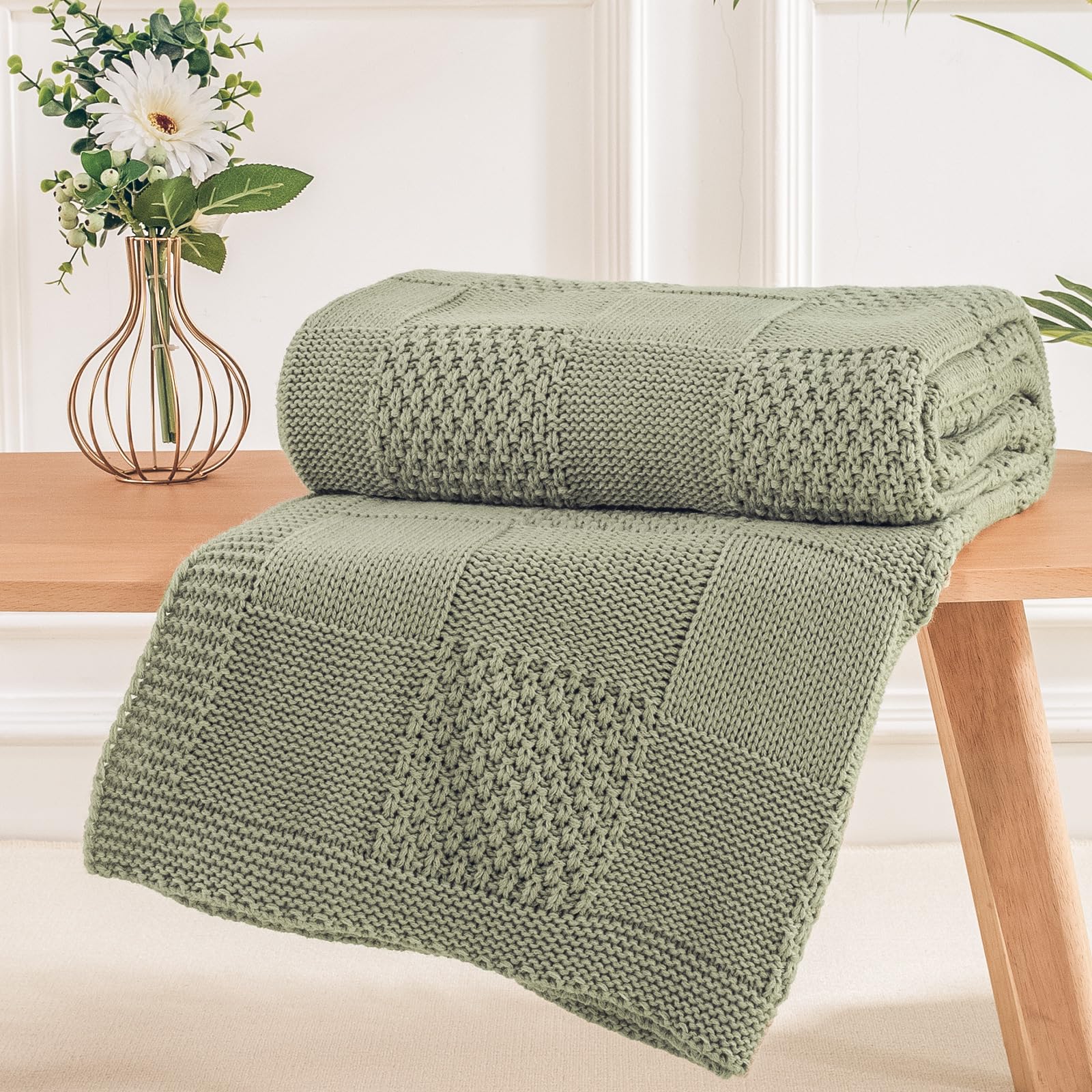 Photo 1 of NEXHOME PRO Knit Throw Blanket,Classical Checkered Blanket for Couch,Cozy Warm Knitted Throw Blanket for Bed Sofa Living Room, Decorative Stretched Throw, Lightweigh,60"X80"Sage Green