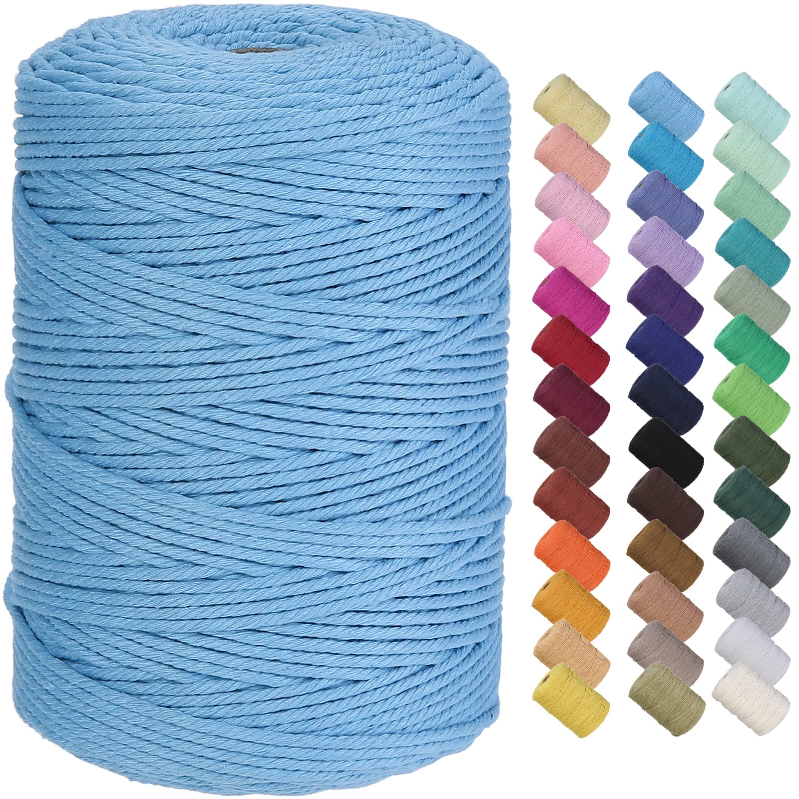 GOHOF Macrame Cord 3mm x 300m Premium Cotton Macrame Rope, 4 Strand Twisted Soft Cotton Cord, One of The Most Perfect Materials for Macrame Art, Cotton String Without Chemicals (Sky Blue)