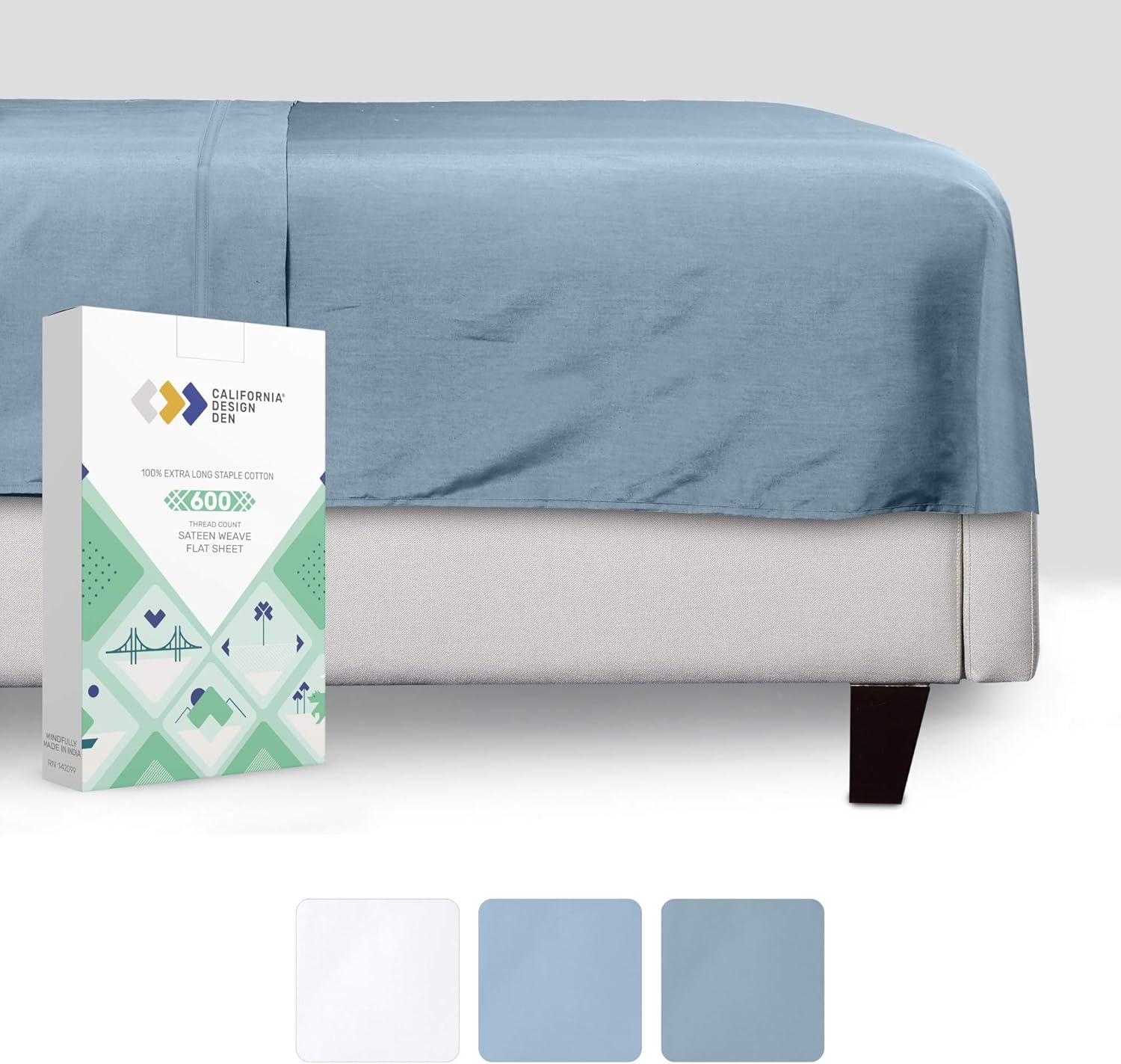 California Design Den Dusty Blue Flat Sheet Twin-Size - 600 Thread Count 100% Natural Cotton, Hotel Quality 1 Piece Top Sheet, Luxe Sateen Weave Bedsheet: Home & Kitchen