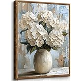Vintage Framed Hydrangea Wall Art Retro White Hydrangeas Canvas Wall Decor Farmhouse Floral Painting Picture Country Style Poster Prints for Bedroom Living Room Bathroom Home Decoration 12X16in