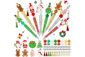 CZWZ 8 Pcs Christmas Beadable Pens, Plastic Beadable Pens with Multicolor Silicone Beads, Christmas Snowman Pine Tree Floral Hoop Deer Pens for Christmas Gifts Office School Supplies