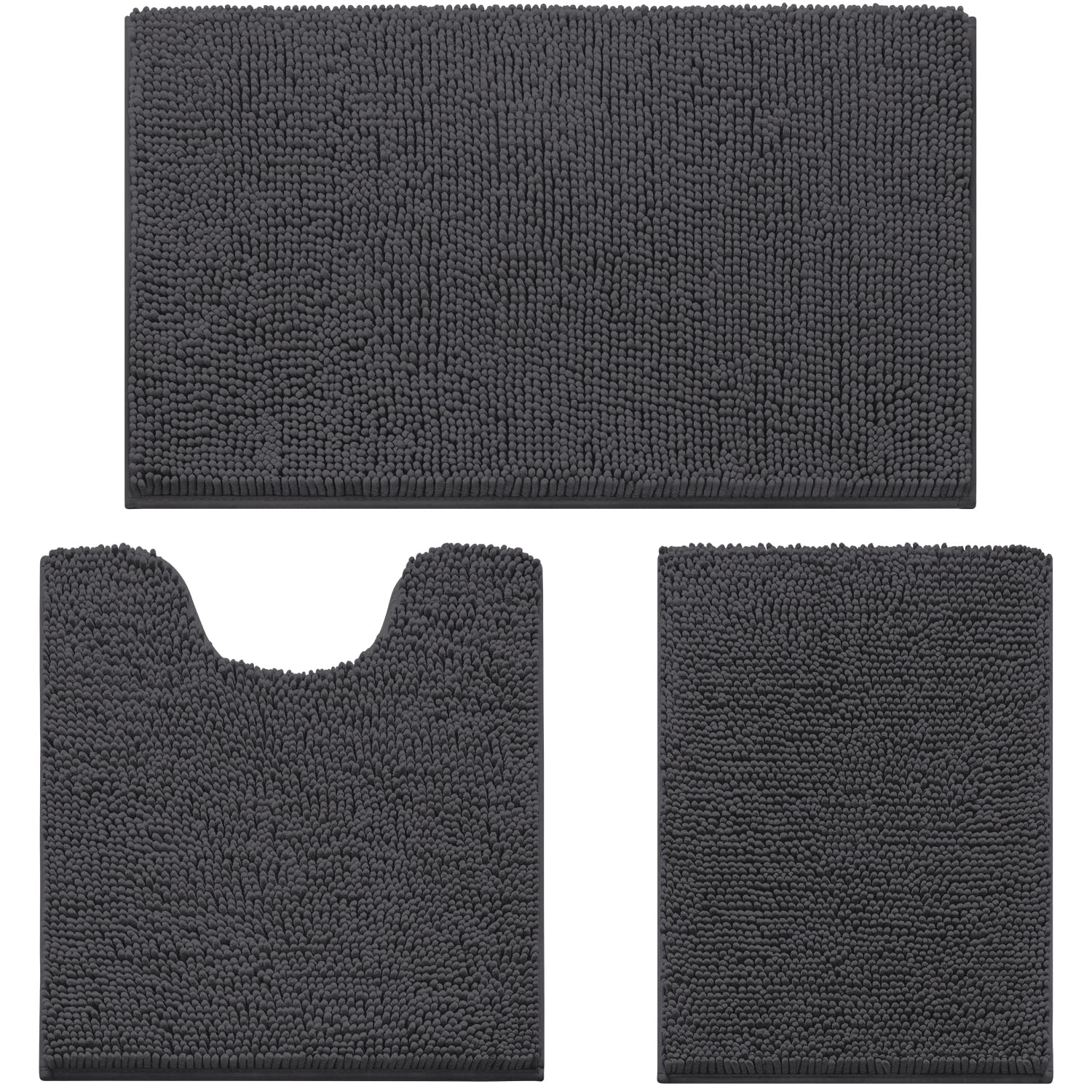 HOMEIDEAS 3 Pieces Bath Mat Set, Soft Chenille Bathroom Rugs Mat, 3X Absorbent Spa Shaggy Bath Rugs Set, Machine Washable & Non Slip Bath Mats for Bathroom, Tub, Shower（Dark Grey）
