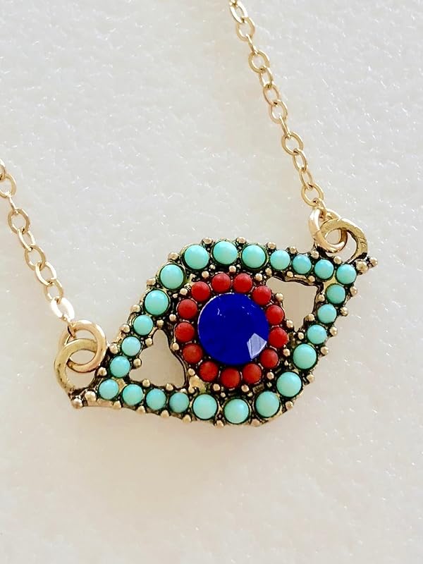 Evil Eye Necklace, Aqua Coral Gold Evil Eye, Artisan