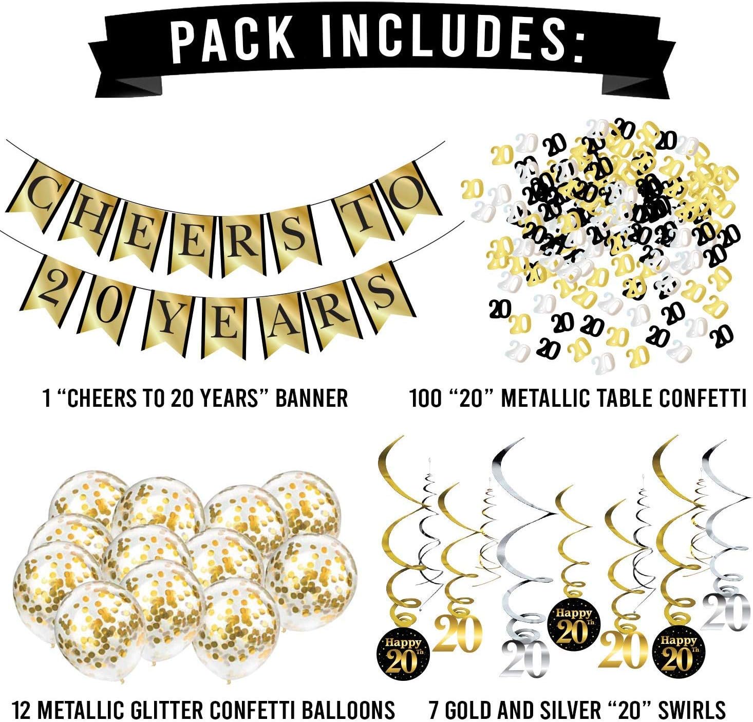 20th Birthday and Anniversary Decorations Party Pack - Cheers to 20 Years Banner, Balloons, Swirls and Confetti Party Supplies - Image 3