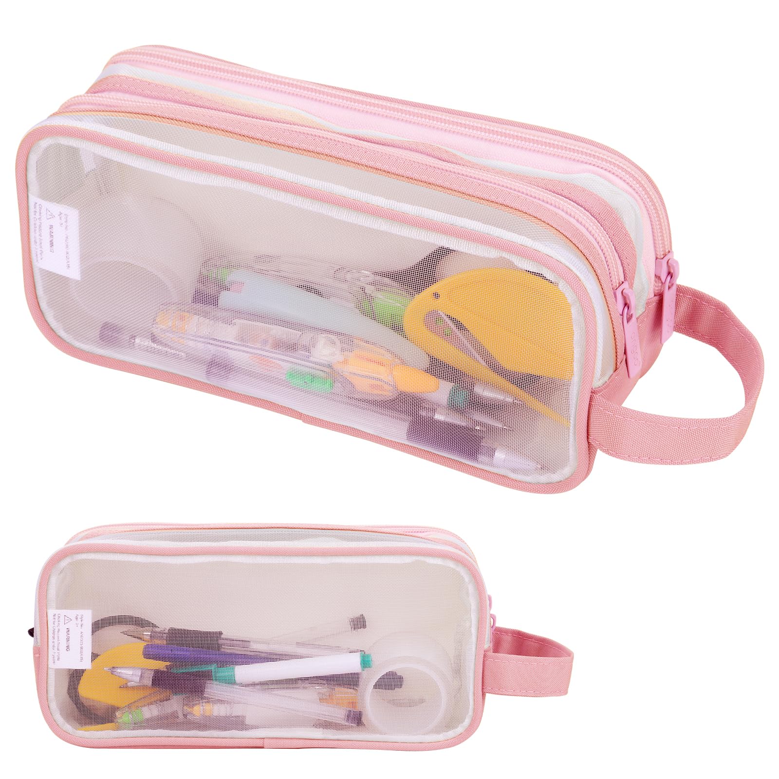 Lancry Clear Pencil Case, Large See Through Pencil Case with 2 Compartments for Boys, Girls & Women, Transparent Mesh Pouch for Stationery, Makeup, Travel & Office Supplies (Pink)