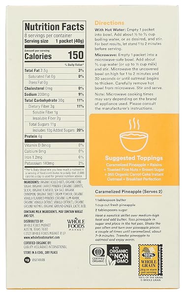 365 BY WHOLE FOODS MARKET, ORGANIC INSTANT OATMEAL, CARROT CAKE, 8 COUNT, 11.3 OUNCE