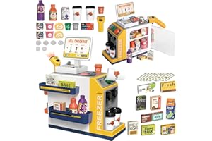 KID E WAN KidEwan Cash Register for Kids, Pretend Play Cash Register Toy with Water Output Coffee Machine, Scanner and Calculator, Paly Money, Play Food, Grocery Store Playset Gift for Toddler Boy Girl(Yellow)