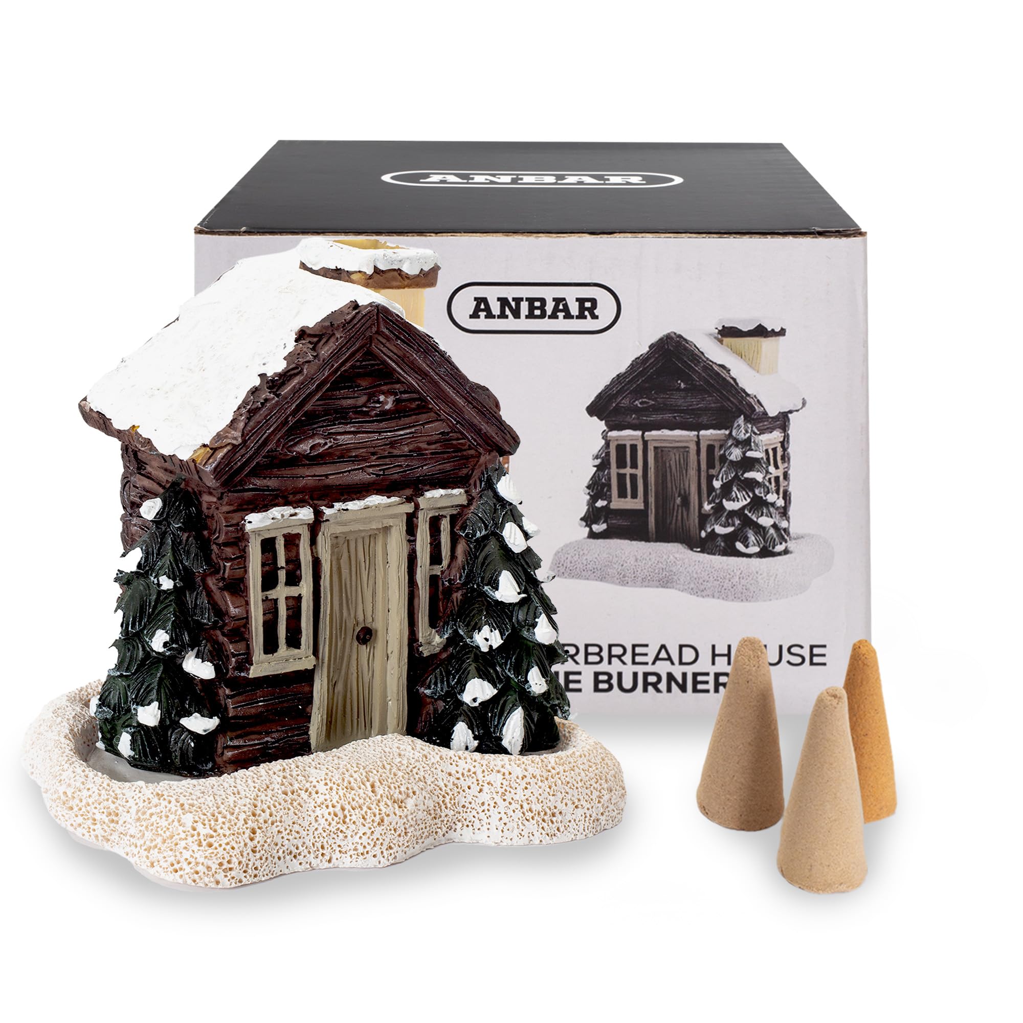 Anbar Backflow Incense Cone Burner Log Cabin, Gingerbread House, Christmas, Fall, Winter, Seasonal, and Holiday Home Decor, Decorative Living Room, Bedroom, or Kitchen Ornament (Winter Log Cabin)