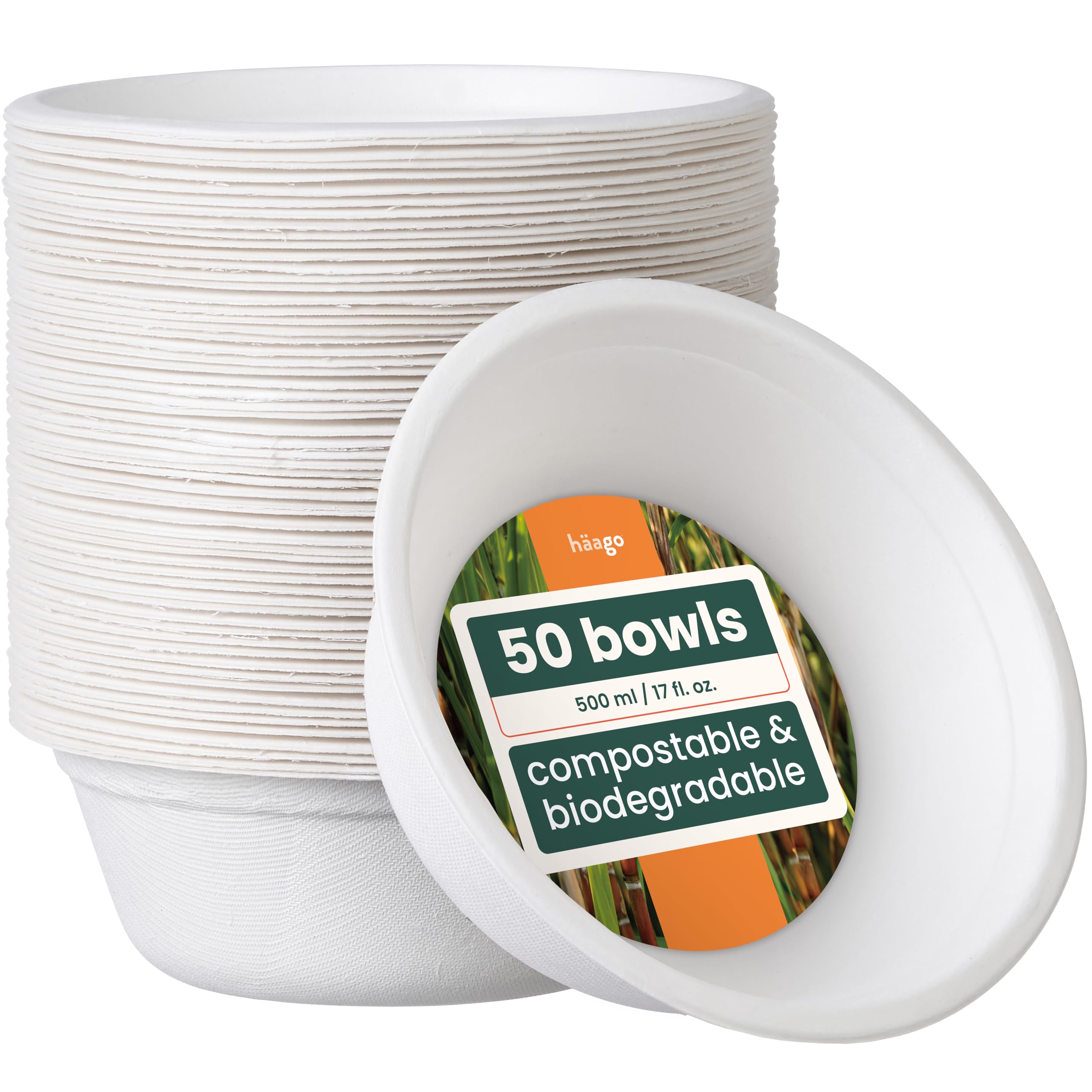 HAAGO 50 Strong Biodegradable Sugarcane Bagasse Bowls, 500ml / 17oz – Heavy Duty Paper Bowls - Leak- & Grease-Resistant - Compostable Disposable for Soup, Curry, Cereal, Dessert, Parties & Catering