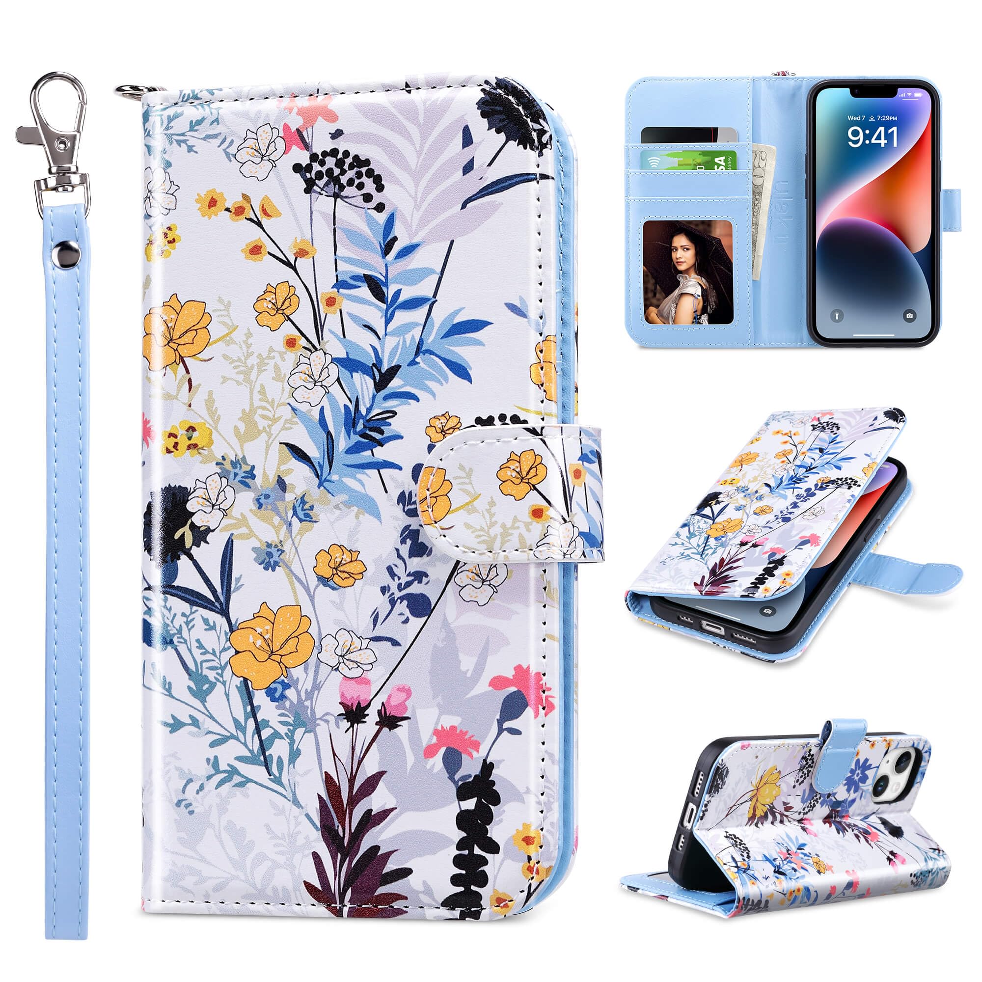 ULAK Compatible with iPhone 14 Plus Wallet Case with Card Holder [RFID Blocking], Flip Case for Women Girls PU Leather Kickstand Wrist Strap Shockproof Phone Case for iPhone 14 Plus 6.7'', Forest