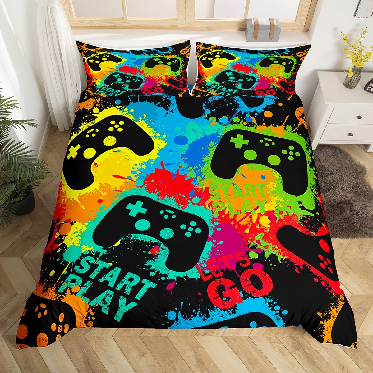 Homewish Gamer Gamepad Printed Boys Games Room Decor Comforter Cover Set,Watercolor Tie Dye Bedding Set For Kids Teen Girls Gaming Theme Duvet Cover,Modern Cartoon Controller Bedspread,King Size — image 1