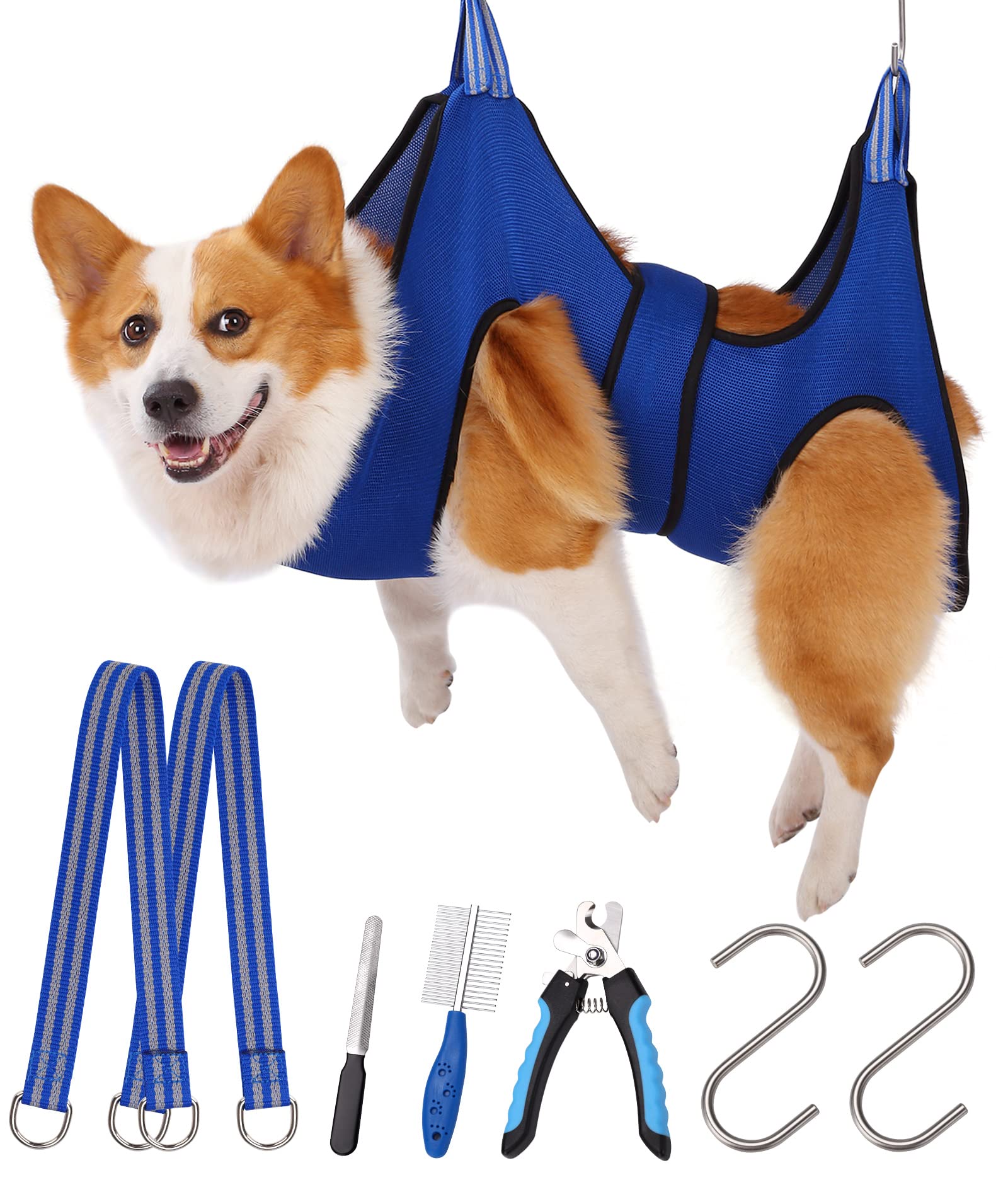 Kkiimatt Dog Grooming Hammock Harness with Nail Clippers, Blue, Large