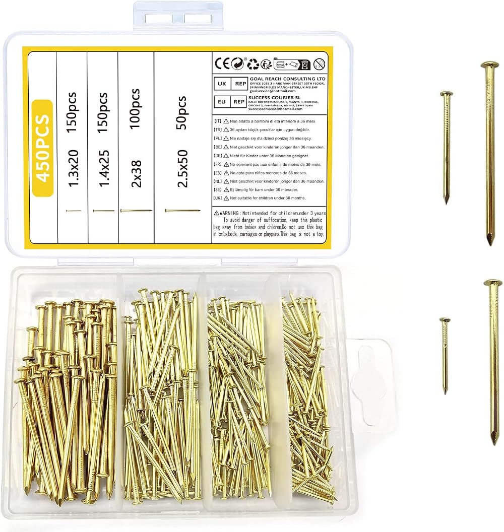 ZWFSDM 450 Pcs Brass Gold Nails and Pins Assortment 2in 1.5in 1in 0.75in