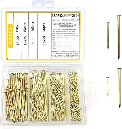 ZWFSDM 450 Pcs Brass Gold Nails and Pins Assortment 2in 1.5in 1in 0.75in