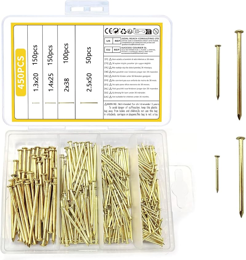 ZWFSDM 450 Pcs Brass Gold Nails and Pins Assortment 2in 1.5in 1in 0.75in