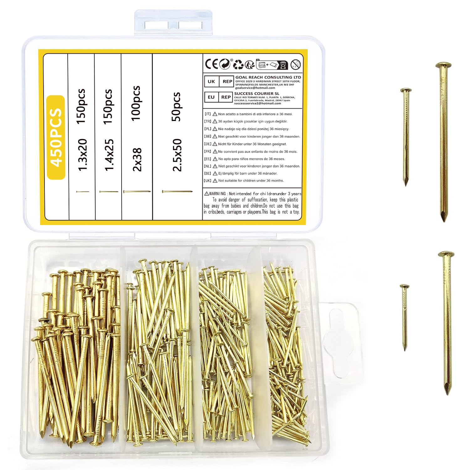 450 Pcs Brass Gold Nails and Pins Assortment, Steel Wall Pins Tacks Nails for Woodworking, Panel Pins for Hanging Picture, Frame, Mirror, Masonry, Furniture - 2 inch,1.5 inch, 0.75 inch, 1 inch
