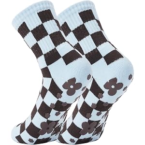 Joyou up Women's Checkered Pilates Grip Socks, Ribbed Crew Non Slip Floor Socks 1 Pair Brown, Soft Breathable Arch Support Wo
