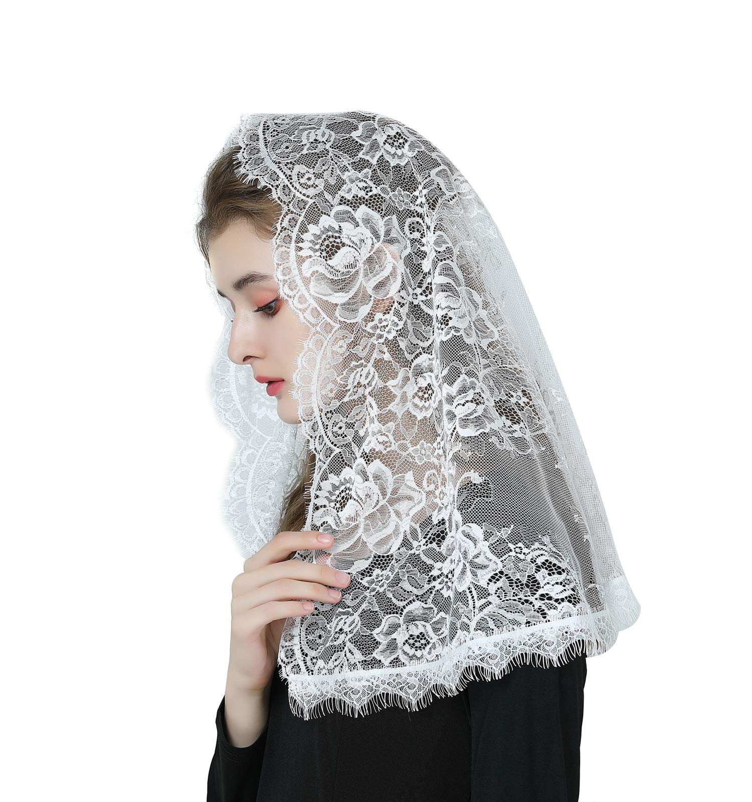 BEAUTELICATE Mantilla Veil Catholic Church Chapel Latin Mass Holy Communion Religious Ceremony Formal Lace Head Cover Scarf Off White V114